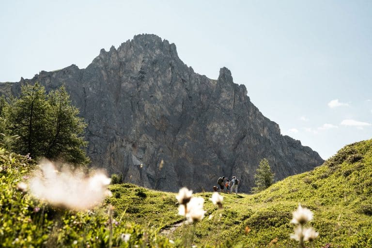 Photographie d'une famille en train de randonner devant l'Aiguille Rousse du Domaine de Montagne des Arcs / Peisey-Vallandry