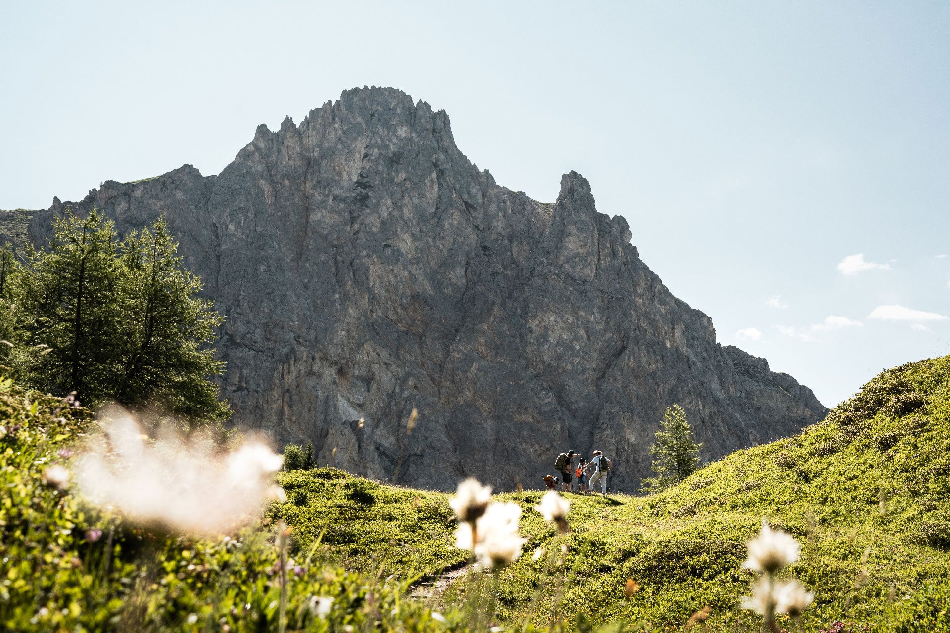 Photographie d'une famille en train de randonner devant l'Aiguille Rousse du Domaine de Montagne des Arcs / Peisey-Vallandry